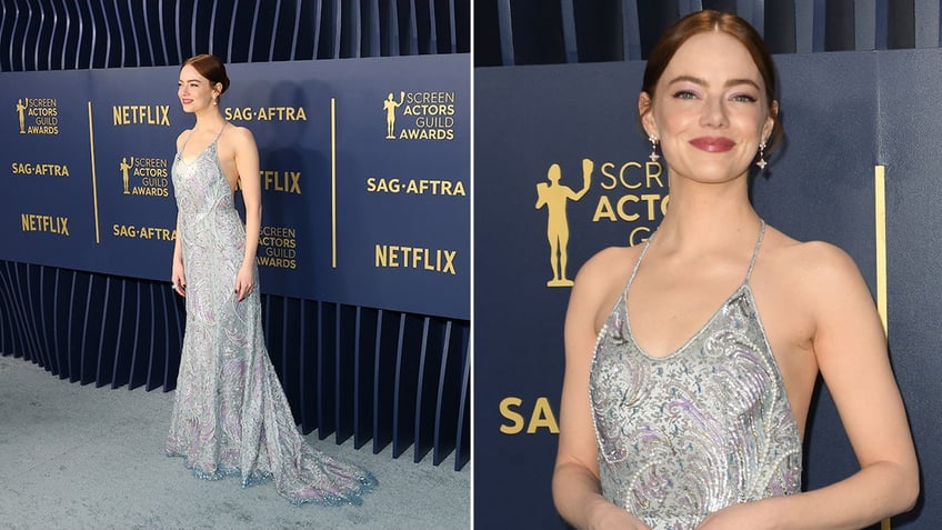 Side by side photos of Emma Stone in a silver gown