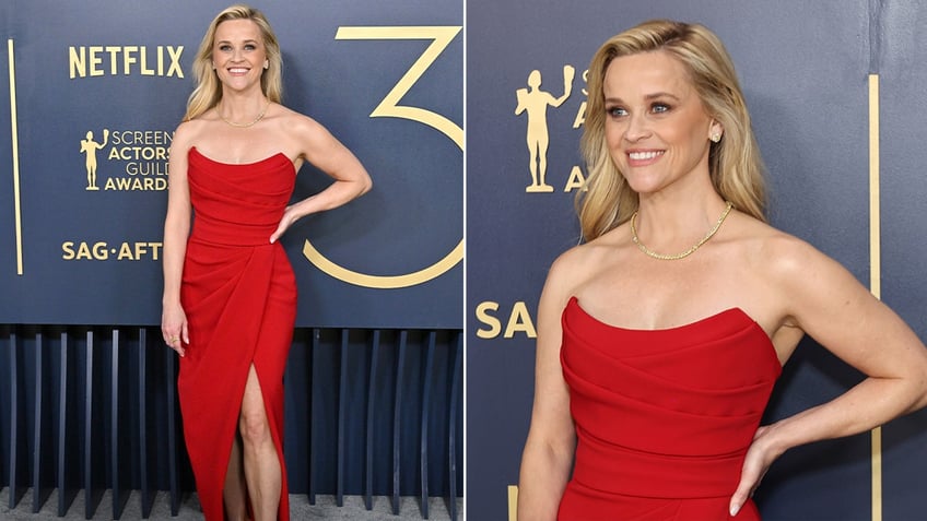 Side by side photos of Reese Witherspoon in a red gown on the red carpet