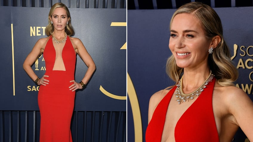 Side by side photos of Emily Blunt in a plunging red gown