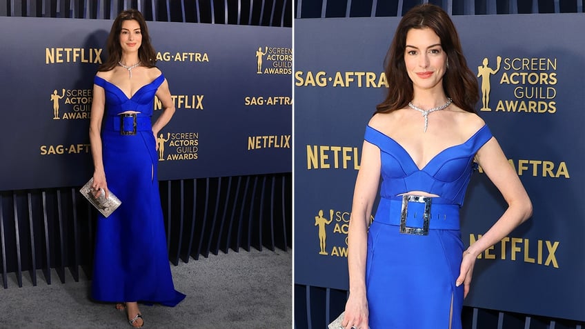 Side by side photos of Anne Hathaway in a blue gown