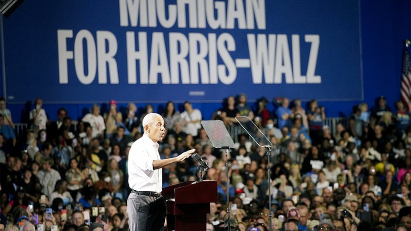 Former President Obama campaigns for the Harris-Walz ticket in Detroit, MI