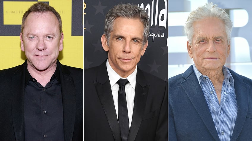 Kiefer Sutherland soft smiles in a suit, split Ben Stiller looks demure in a black suit split Michael Douglas in a blue jacket and blue shirt