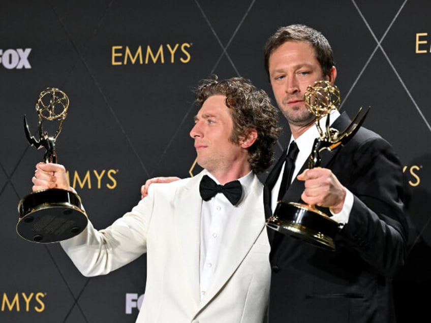 Outstanding Supporting Actor in a Comedy Series Ebon Moss-Bachrach (R) and Outstanding Lead Actor in a Comedy Series Jeremy Allen White for "The Bear" pose in the press room during the 75th Emmy Awards at the Peacock Theatre at L.A. Live in Los Angeles on January 15, 2024. (Photo by …