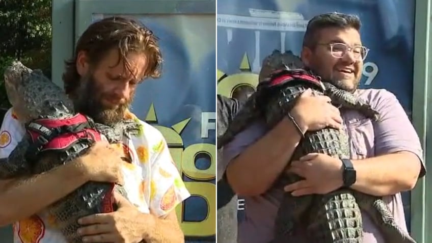 Split image of bystanders giving Wally hugs