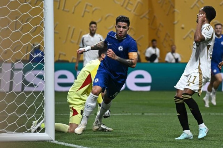 Enzo Fernandez (C) celebrates after scoring Chelsea's second goal against Los Angeles FC i