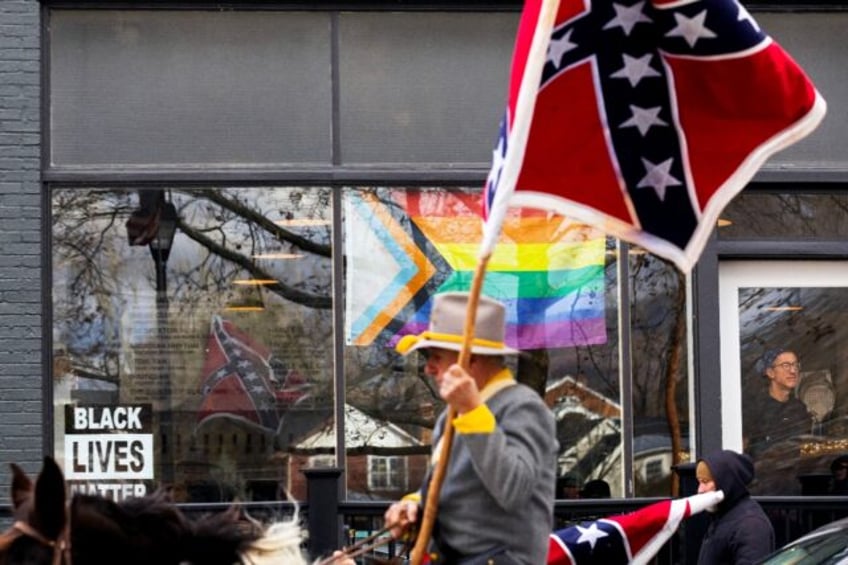 Confederate sympathizers parade through the streets of Lexington, Virginia on January 13, 2024, as Americans grapple with what seems to be the never-ending legacy of the US Civil War