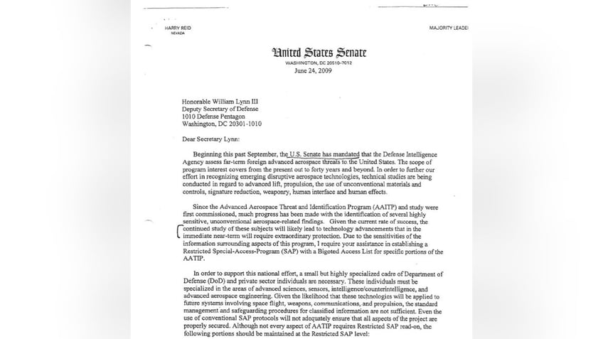 Snippet from a 2009 letter from former US Sen. Harry Reid about the need to keep the government's crashed alien tech retrieval program and reverse engineering efforts a secret. 