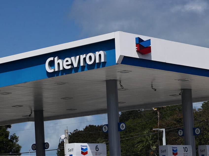 Chevron logo is seen at gas station in Florida Keys, United States on May 7, 2024. (Photo