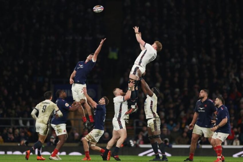 On the rise: Ollie Chessum (centre right), leaping for a lineout against France, has been