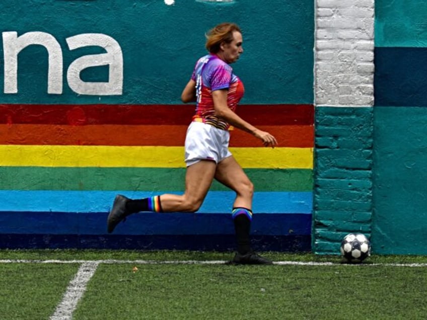 Chicas Trans' player Noemi Arzate Miranda controls the ball during a football match in Azc