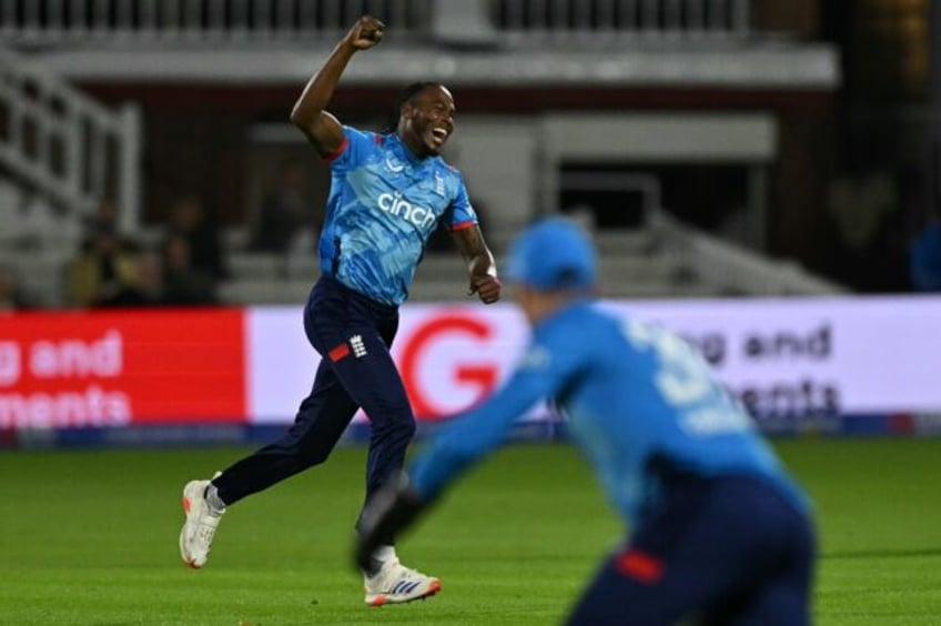 England fast bowler Jofra Archer celebrates his dismisssal of Glenn Maxwell in the fourth