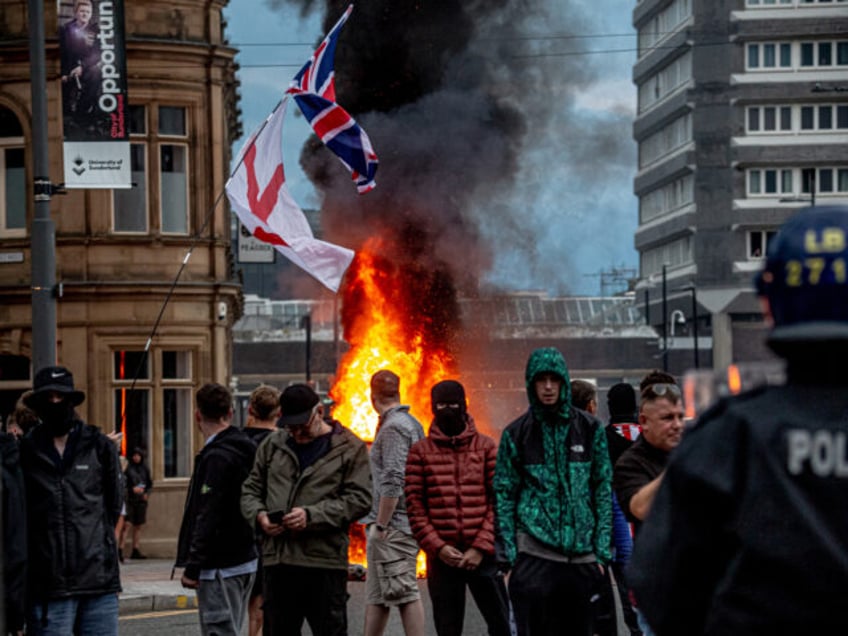 SUNDERLAND, ENGLAND - AUGUST 02: Far-right activists hold an 'Enough is Enough' protest on