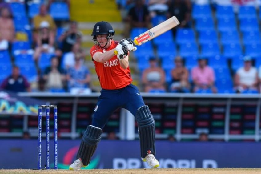 On the attack: England's Harry Brook hits a boundary on his way to 47 not out in a T20 Wor