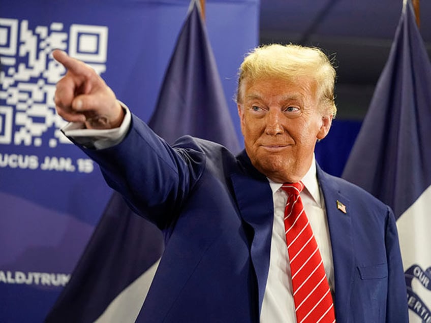 Republican presidential candidate and former President Donald Trump arrives to speak at a rally at Des Moines Area Community College in Newton, Iowa, Saturday, Jan. 6, 2024. (AP Photo/Andrew Harnik)