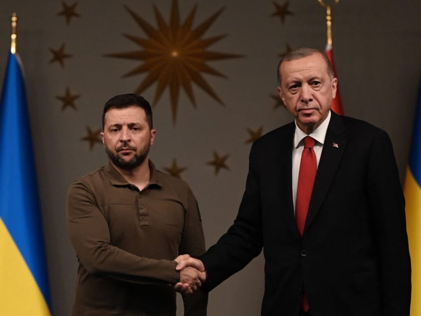 Turkish President Recep Tayyip Erdogan checks hands with Ukrainian President Volodymyr Zelensky after a joint press conference at the Vahdettin Mansion in Istanbul on July 7, 2023. (Photo by OZAN KOSE / AFP) (Photo by OZAN KOSE/AFP via Getty Images)