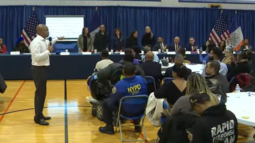 New York City Mayor Eric Adams at a town meeting