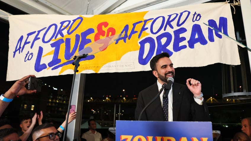 NEW YORK, NEW YORK - JUNE 24: New York mayoral candidate, State Rep. Zohran Mamdani (D-NY) speaks to supporters during an election night gathering at The Greats of Craft LIC on June 24, 2025 in the Long Island City neighborhood of the Queens borough in New York City. Mamdani was announced as the winner of the Democratic nomination for mayor in a crowded field in the City’s mayoral primary to choose a successor to Mayor Eric Adams, who is running for re-election on an independent ticket. (Photo by Michael M. Santiago/Getty Images)