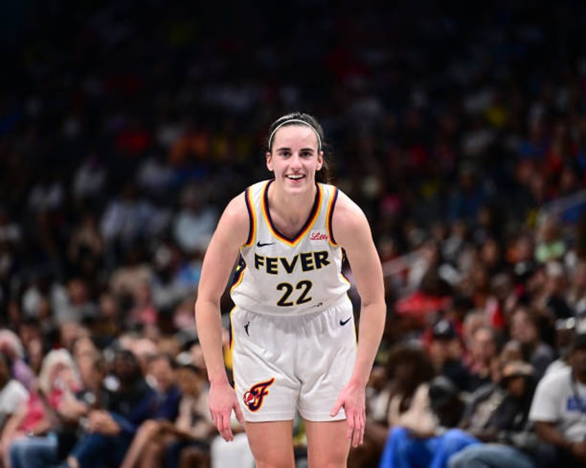 Caitlin Clark of the Indiana Fever looks on during the game against the Atlanta Dream on June 21, 2024 at State Farm Arena in Atlanta, Georgia. NOTE...