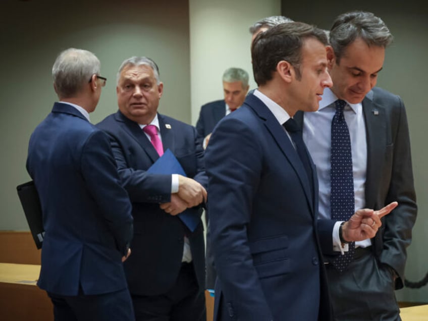 Prime Minister of Hungary Viktor Orbán as seen talking with the Prime Minister of Bulgaria Nikolai Denkov, Prime Minister of Slovenia Robert Golob and Federal Chancellor of Austria Karl Nehammer while President of the Republic of France Emmanuel Macron is talking with Prime Minister of Greece Kyriakos Mitsotakis at the …