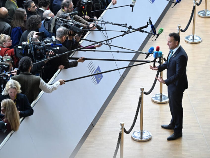 Ireland's Prime Minister Leo Varadkar talks to the media as he arrives at the European headquarters for the EU-Western Balkans summit, in Brussels, on December 14, 2023. EU and Western Balkans leaders are meeting in Brussels in what is seen as an opportunity to reaffirm the EU membership's perspective of …