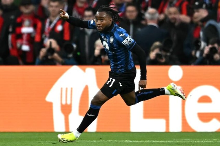 Nigeria forward Ademola Lookman celebrates scoring for Atalanta against Bayer Leverkusen i