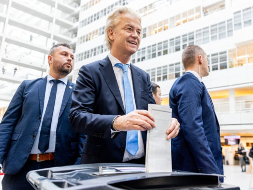 THE HAGUE, NETHERLANDS - NOVEMBER 22: Geert Wilders leader of the Party for Freedom (PVV) casting his vote in the city hall on November 22, 2023 in The Hague, Netherlands. Voters in the Netherlands go to the polls on 22 November in a snap general election called two years early. …