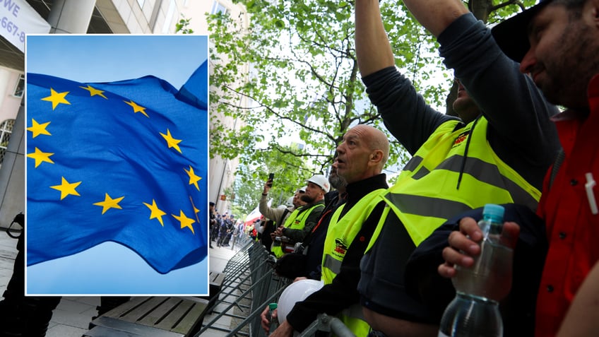 Split image of EU flag and farmers