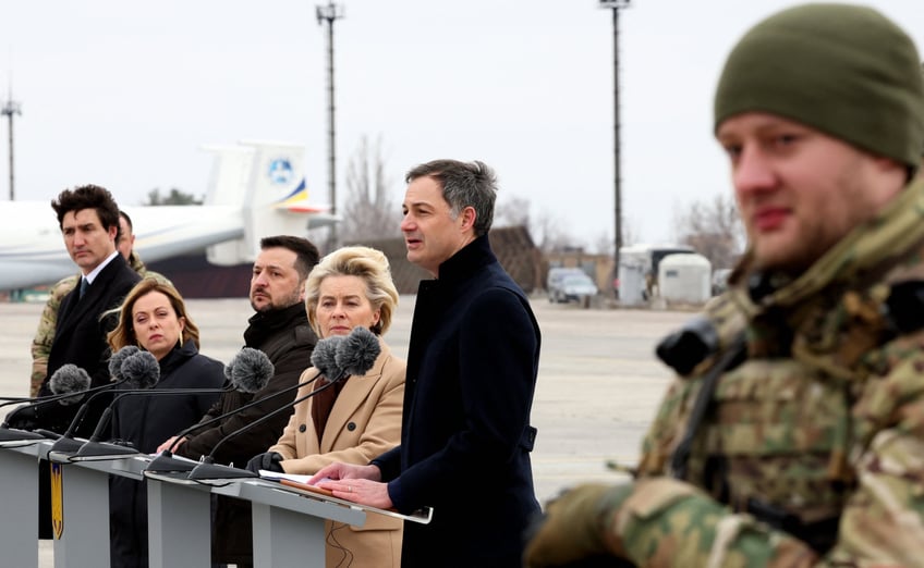 Prime Minister of Canada Justin Trudeau, Italy Prime Minister Giorgia Meloni, Ukraine president Volodymyr Zelensky, European Commission president Ursula Von der Leyen and Prime Minister Alexander De Croo pictured during a joint meeting in Kyiv, Ukraine, Saturday 24 February 2024. Belgian Prime Minister and European Commission President are on a visit in Ukraine, on the day of the second year' anniversary of the start of the conflict with Russia. BELGA PHOTO BENOIT DOPPAGNE (Photo by BENOIT DOPPAGNE / BELGA MAG / Belga via AFP) (Photo by BENOIT DOPPAGNE/BELGA MAG/AFP via Getty Images)