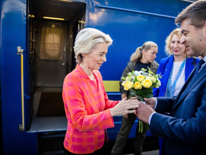 President of the European Commission, Ursula von der Leyen, left, is greeted as she arrive