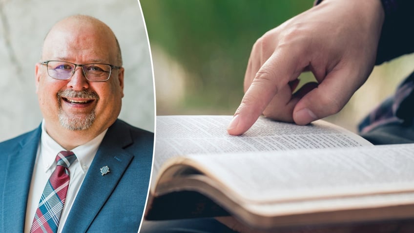 Troy miller split with hand pointing at Bible