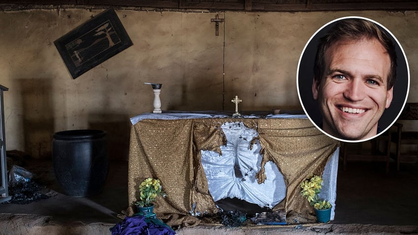 Image of destroyed altar at a church in Nigeria with an inset of Rev. Johnnie Moore