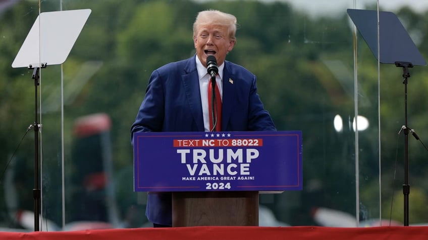 Republican presidential nominee former President Donald Trump speaks during a campaign rally at North Carolina Aviation Museum, Wednesday, Aug. 21, 2024, in Asheboro, N.C. (AP Photo/Julia Nikhinson)