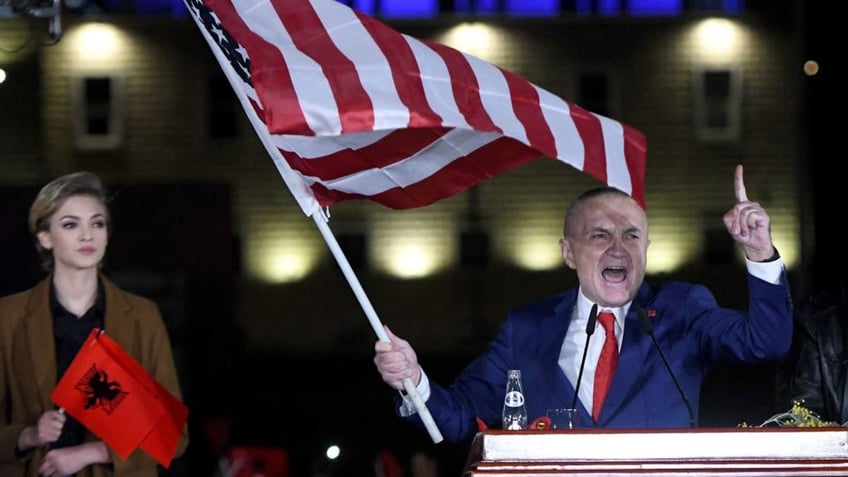 Former Albanian President Ilir Meta at a protest in Tirana.