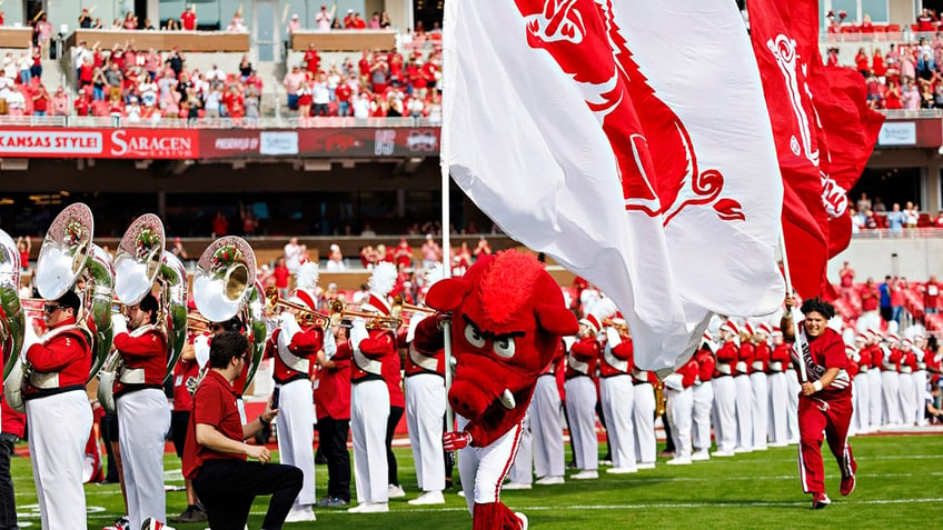 Arkansas Razorbacks flag at a football game