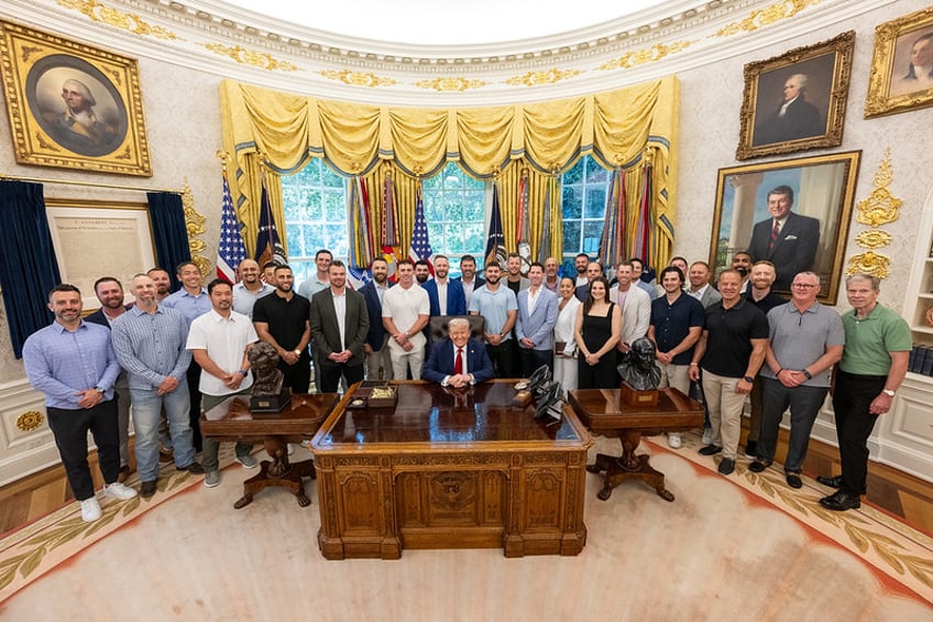 President Donald Trump welcomes members of the Boston Red Sox to the Oval Office, Thursday, July 3, 2025. (Official White House Photo by Molly Riley)