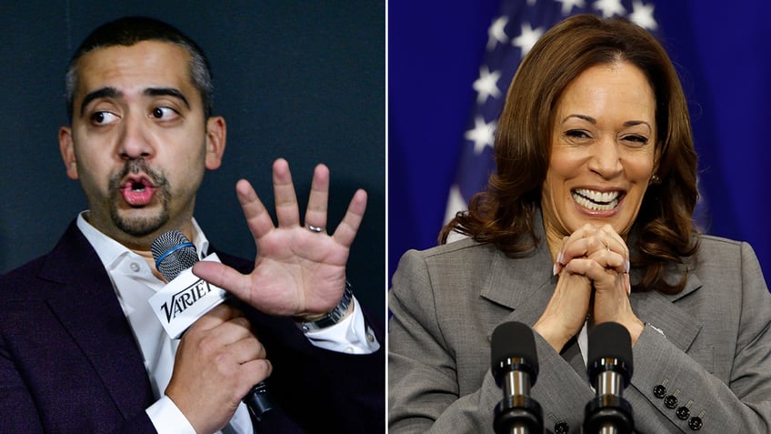 Photo of Mehdi Hasan arranged next to a photo of Harris