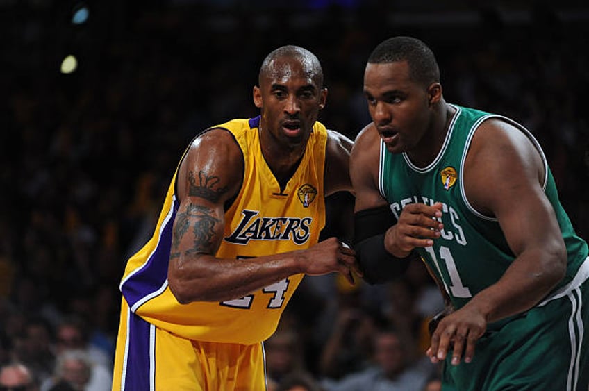 Kobe Bryant the Los Angeles Lakers gets set to fight for rebound position against Glen Davis of the Boston Celtics in Game One of the 2010 NBA Finals...