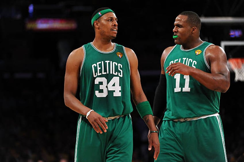 Paul Pierce and Glen Davis of the Boston Celtics talk on court against the Los Angeles Lakers in Game One of the 2010 NBA Finals at Staples Center on...