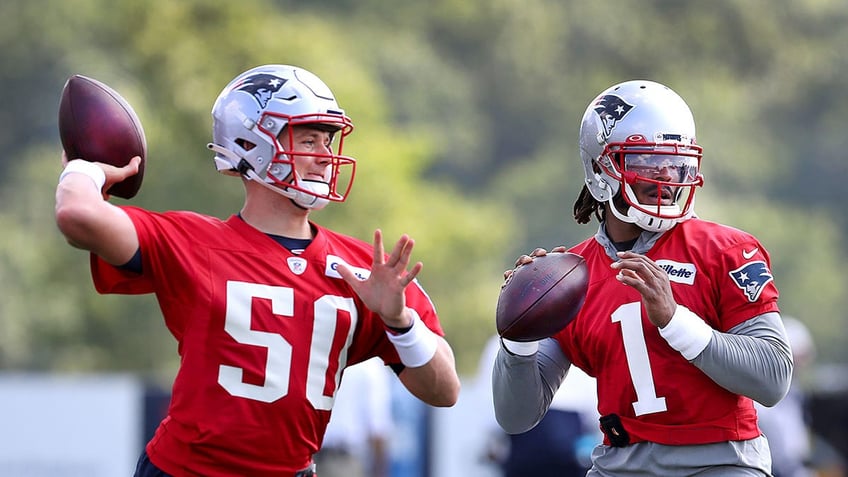 Cam Newton and Mac Jones in camp in 2021