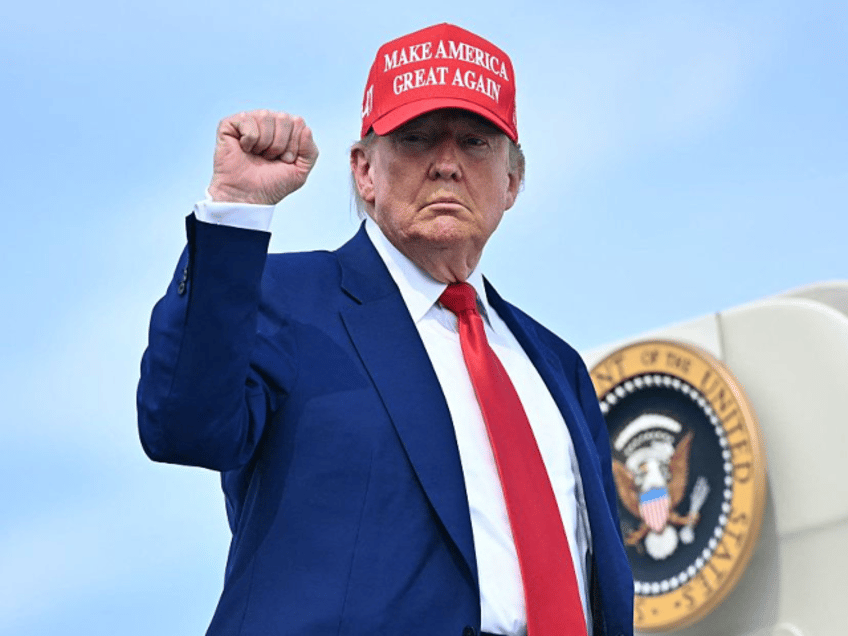 TOPSHOT - US President Donald Trump pumps his fist as he boards Air Force One at Morristow