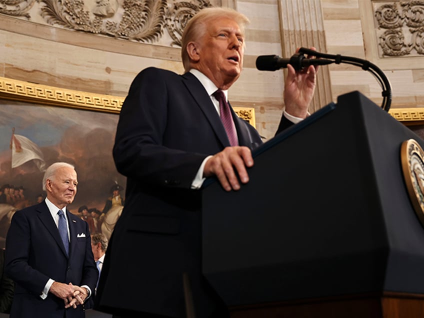 US President Donald Trump, right, and former President Joe Biden during the 60th president