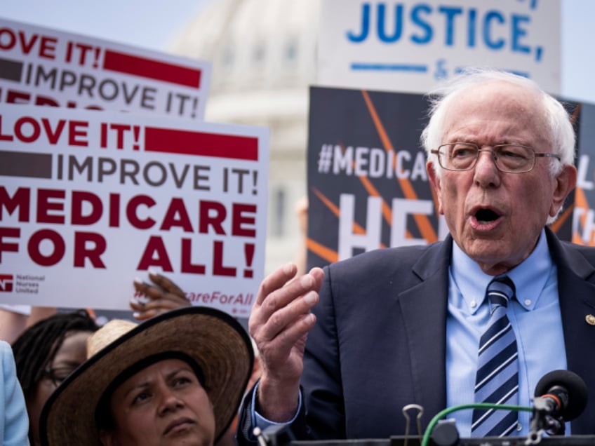 WASHINGTON, DC - MAY 17: Sen. Bernie Sanders (I-VT) speaks during a news conference to announce the re-introduction of the Medicare For All Act of 2023, outside the U.S. Capitol May 17, 2023 in Washington, DC. On the House side, the proposal will have 112 co-sponsors from the House Democratic caucus, more than they have ever had at the introduction of the bill. (Photo by Drew Angerer/Getty Images)