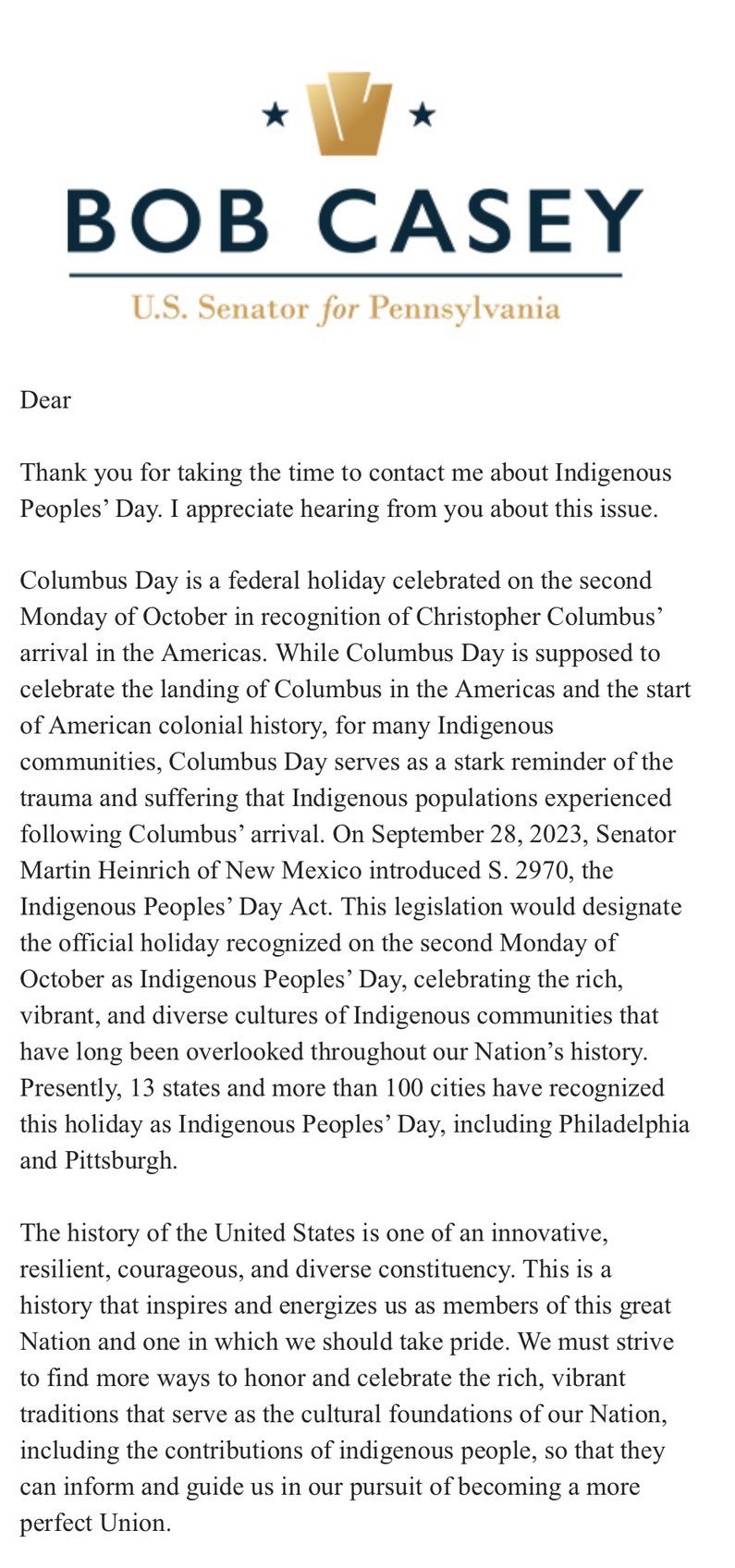 exclusive democrat bob casey expressed openness for ditching columbus day for indigenous peoples day in constituent letter