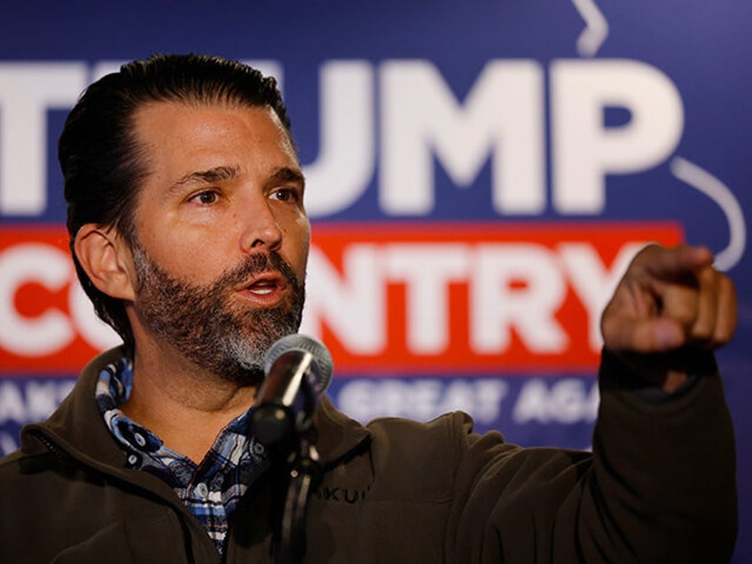 Donald Trump Jr. speaks during an event hosted by the Bull Moose Club at The Machine Shed restaurant on January 11, 2024 in Urbandale, Iowa. The politically conservative club hosted Trump, who is stumping for his father, former President Donald Trump, four days ahead of the Iowa caucuses. (Photo by …