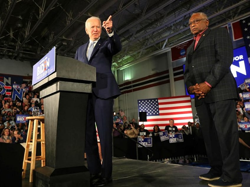 COLUMBIA, SOUTH CAROLINA - FEBRUARY 29: Democratic presidential candidate former Vice President Joe Biden, with Rep. Jim Clyburn (D-SC) (R), speaks on stage after declaring victory in the South Carolina presidential primary on February 29, 2020 in Columbia, South Carolina. South Carolina is the first-in-the-south primary and the fourth state in the presidential nominating process. (Photo by Spencer Platt/Getty Images)