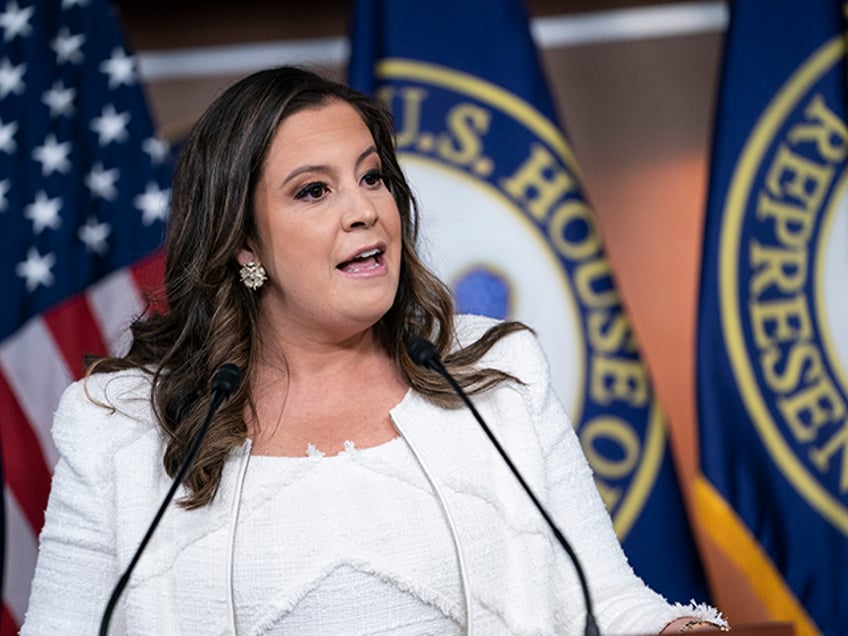 Rep. Elise Stefanik, R-NY, speaks during a news conference on the FBI search of former President Donald Trump's home in Florida, with members of the House Intelligence Committee at the U.S. Capitol in Washington, D.C., on Friday Aug. 12, 2022. (Photo by Sarah Silbiger for The Washington Post via Getty …