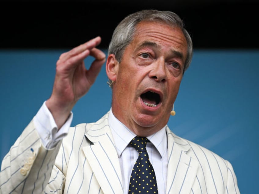 NEWTON ABBOT, ENGLAND - JUNE 24: Reform UK leader Nigel Farage speaks during an election c