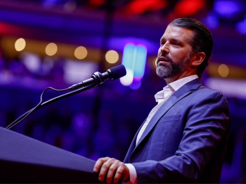 Donald Trump Jr. speaks during a campaign rally for Republican presidential nominee, forme
