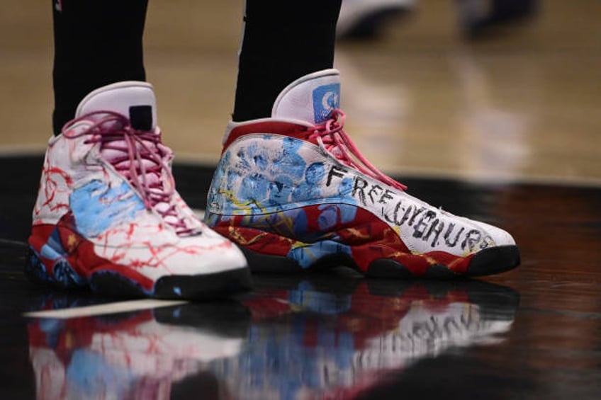 Boston Celtics Enes Kanter Freedom's sneakers on court during game vs Los Angeles Clippers at Staples Center. Equipment. Los Angeles, CA 12/8/2021...