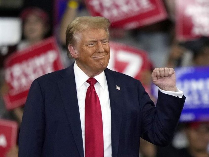 Republican presidential nominee former President Donald Trump arrives at a campaign rally